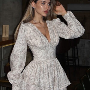 Vintage Elegant Floral V Neck Long Sleeve Mini Dress