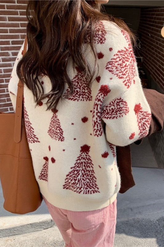 Color Block Snowflake Tree Pattern Knit Sweater