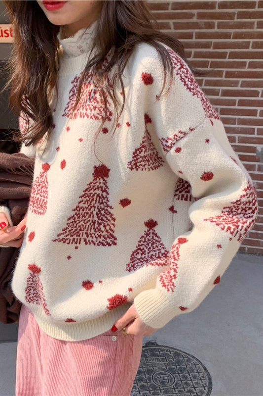 Color Block Snowflake Tree Pattern Knit Sweater