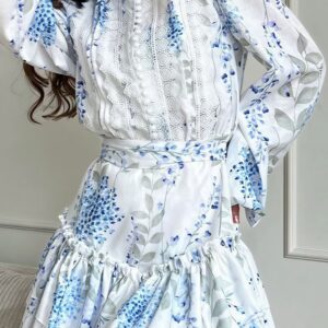 Floral Print Stand Collar Puff Sleeve Ruffle Maxi Dress
