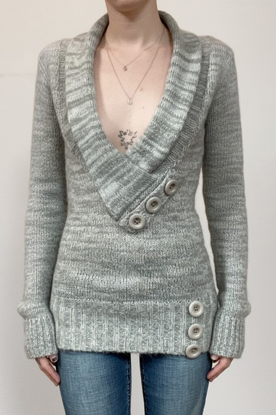 Vintage Paneled Asym V Neck Button Solid Sweater