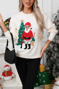 Santa Print Color Block Crew Neck Sweater