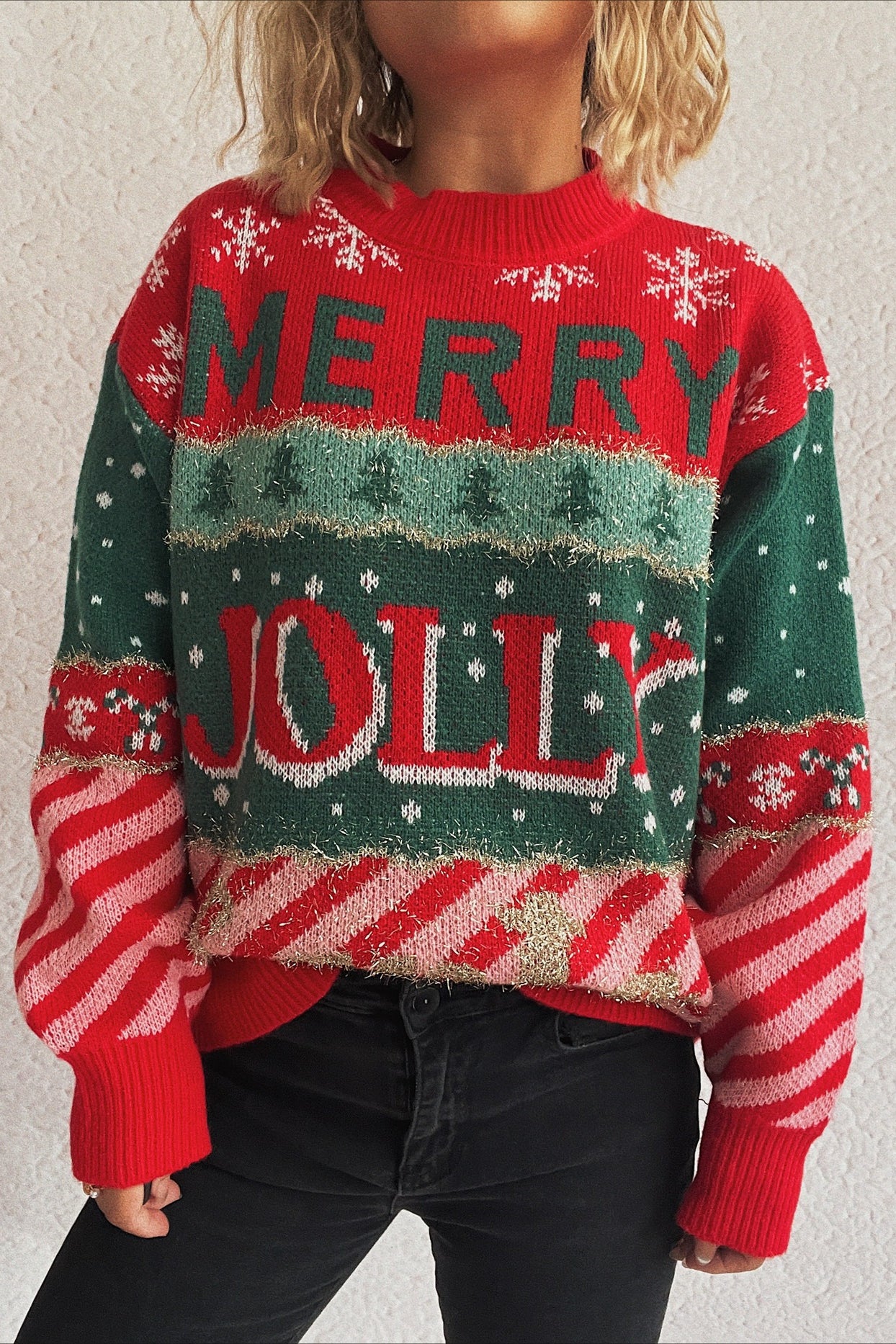 Cozy Color Block Stripe Polka Dot Sweater