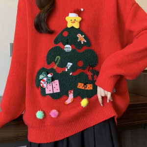 3D Pom Pom Tree Print Sweater