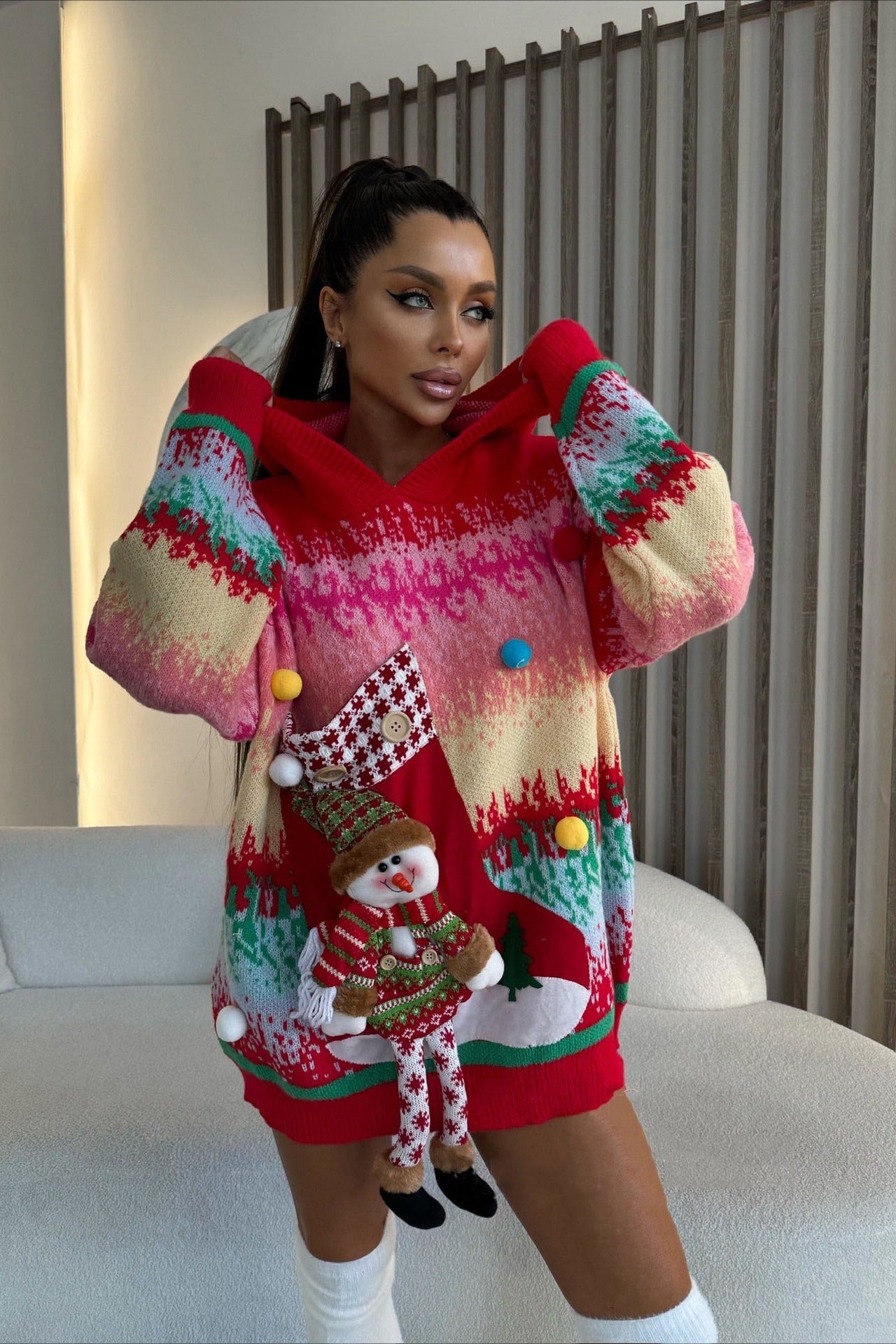 3D Snowman Hooded Pom Sweater