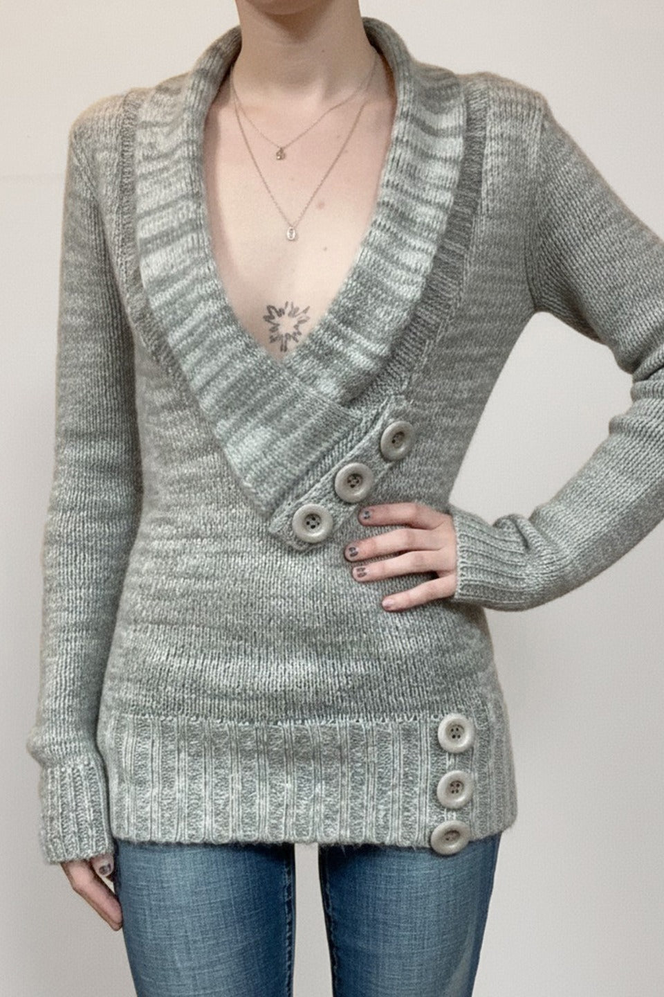 Vintage Paneled Asym V Neck Button Solid Sweater