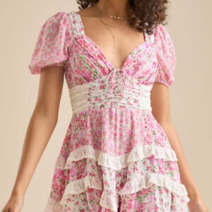 Floral Lace Patchwork V Neck Puff Short Sleeve Mini Dress