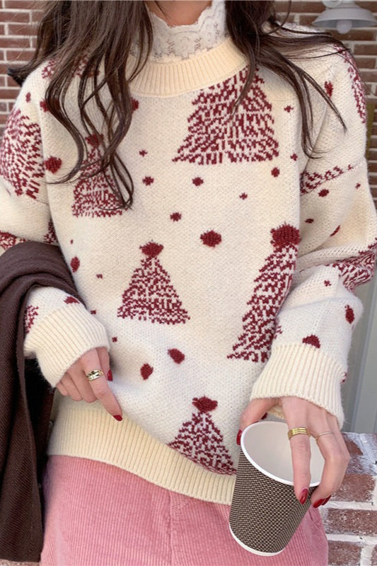 Color Block Snowflake Tree Pattern Knit Sweater