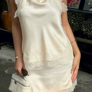 Lace Sleeveless Draped Collar Halter Mini Dress