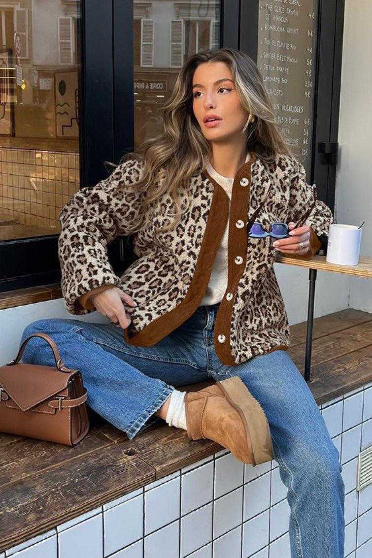 Leopard Print Fleece Sherpa Panel Crew Neck Warm Jacket