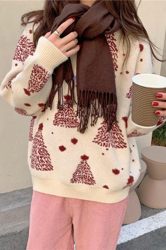 Color Block Snowflake Tree Pattern Knit Sweater