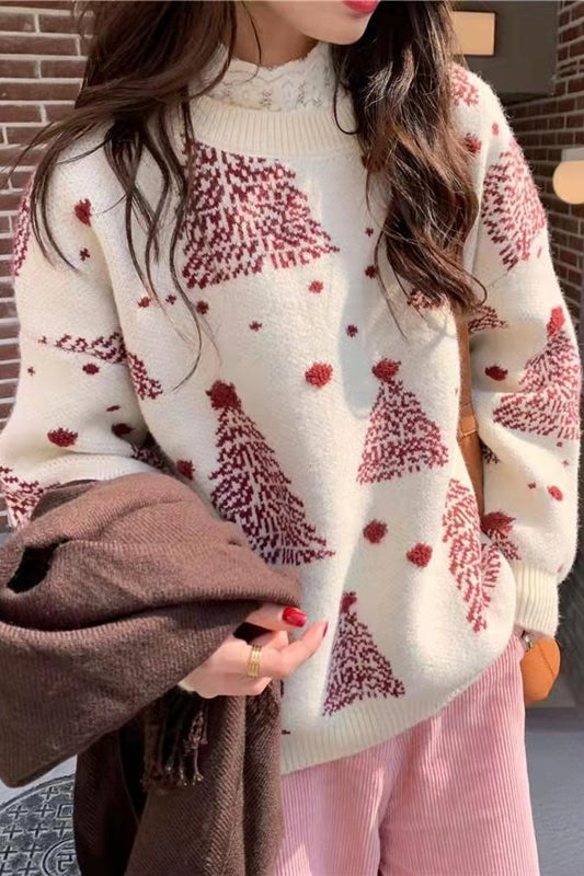 Color Block Snowflake Tree Pattern Knit Sweater